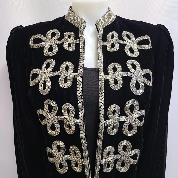 Oscar de la Renta Lillie Rubin Vintage Black Velvet Silver Beaded Jacket Medium - Picture 3 of 16